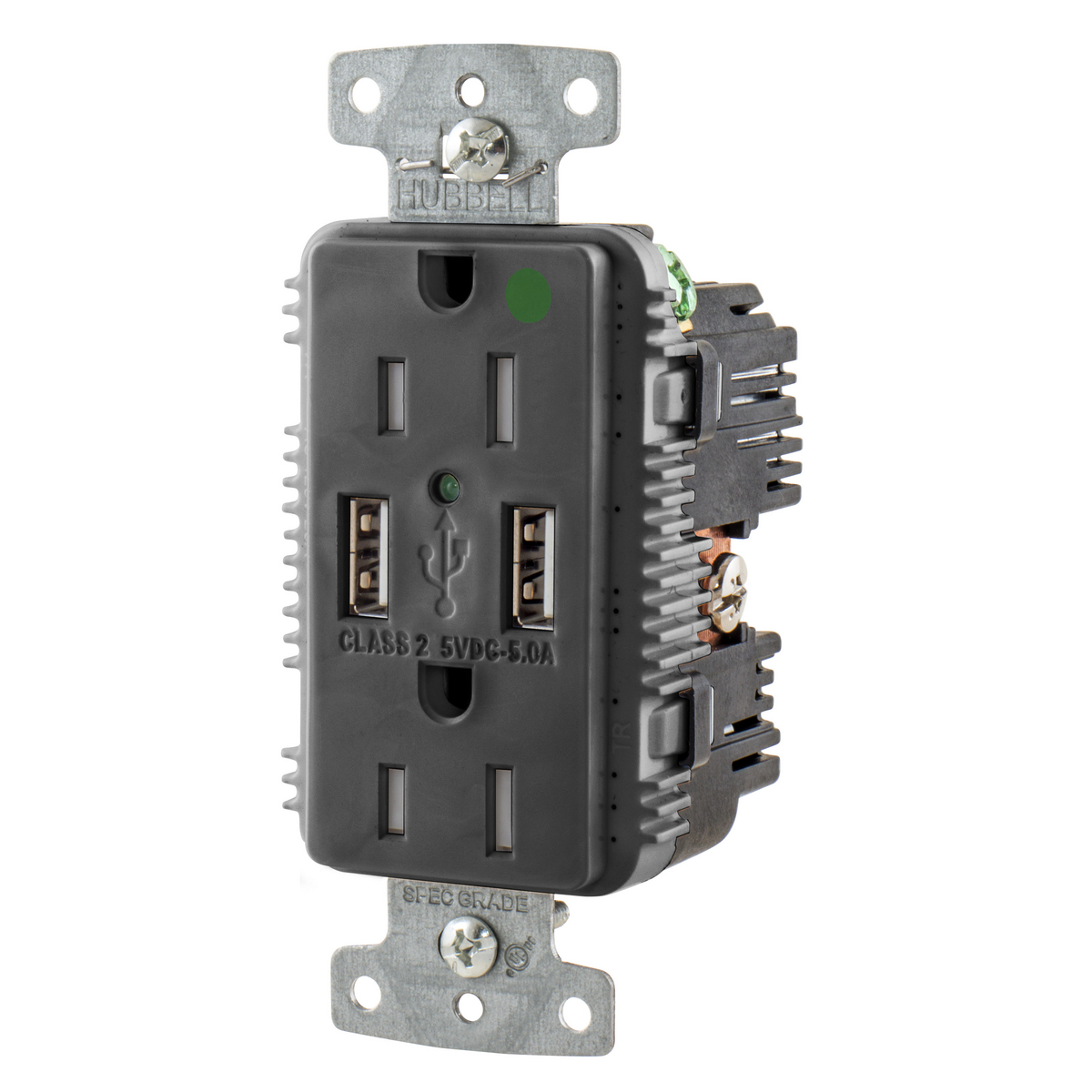 USB Charger Duplex Receptacle, HospitalGrade, 15A 125V, 2-Pole 3-Wire Grounding, 5-15R, 2) 5A "A" USB Ports,Black