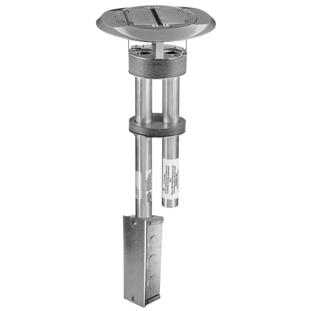 In-Floor Delivery Systems, SystemOne, Fire-Rated Poke-Through, 1 Piece Unit, Dual StyleLine Decorator Openings, Junction Box, Cover with Gray Finish