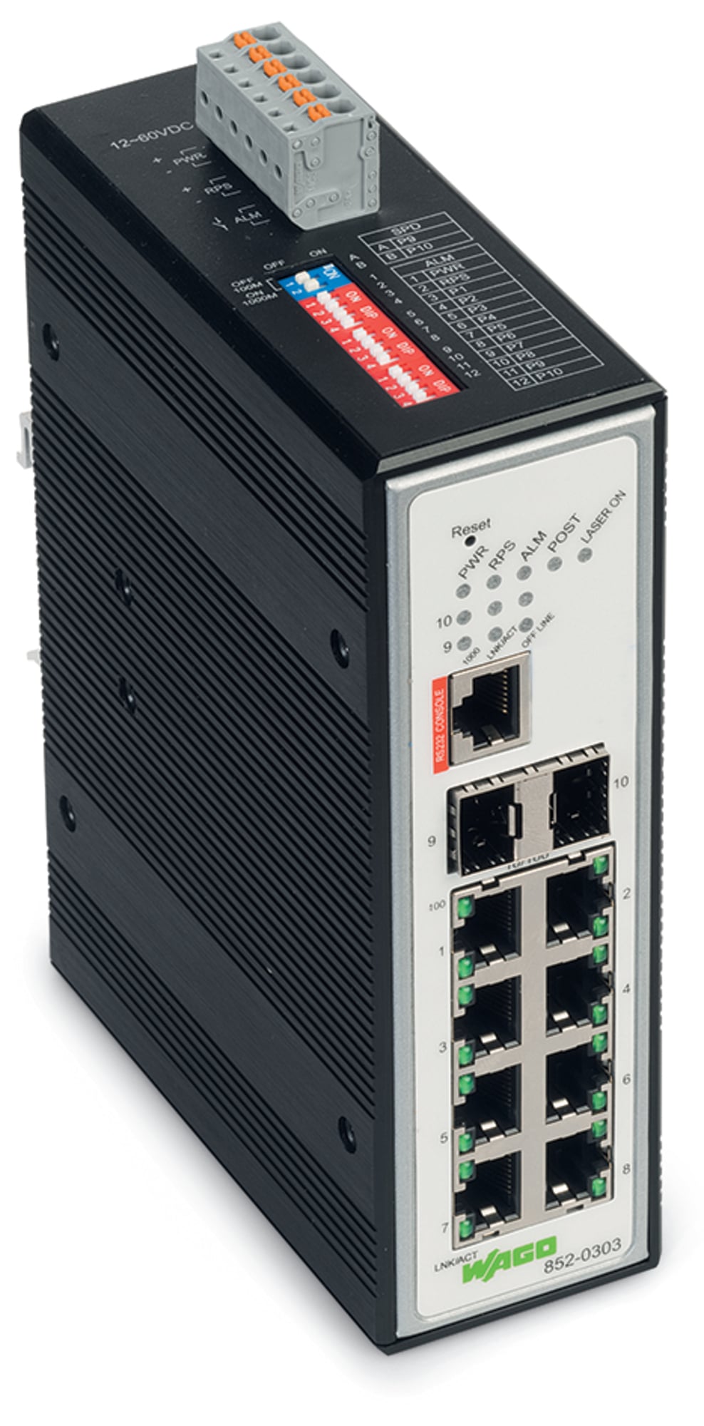 Industrial Managed Switch; 8-port 100Base-TX; 2-Slot 1000BASE-SX/LX; black metallic