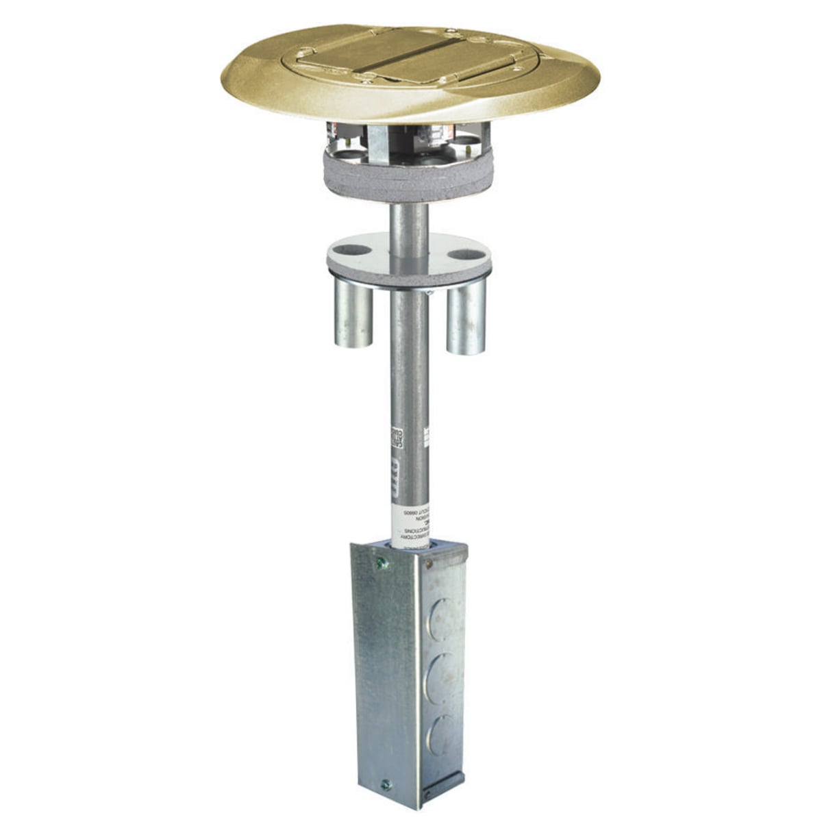 In-Floor Delivery Systems, SystemOne, Fire-Rated Poke-Through, 1 Piece Unit, (4) 20A, 125V Receptacles, (4) Hubbell Keystone Openings, Junction Box, Cover with Brass Finish
