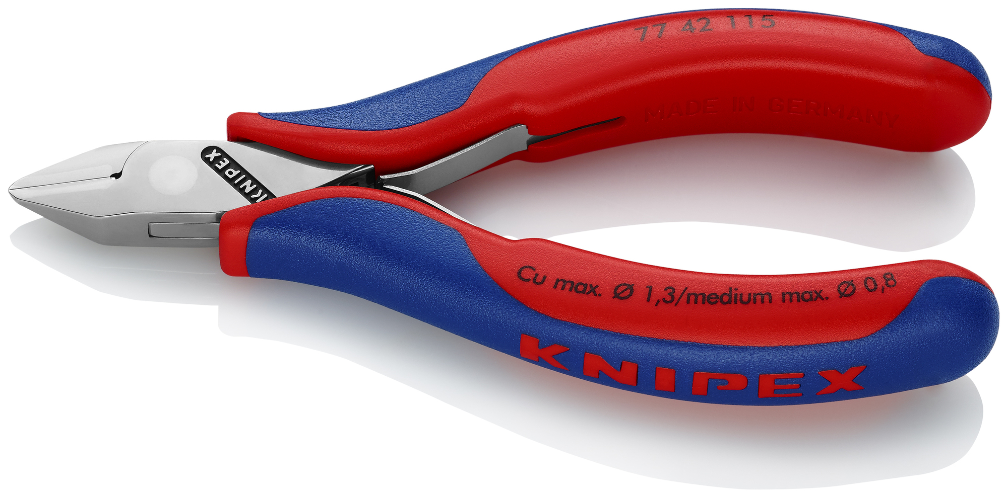Electronics Diagonal Cutters, 4 1/2 in., Multi-component, Polished, Flush Cut, Tapered Head, Up to 1/32 in. Medium Wire