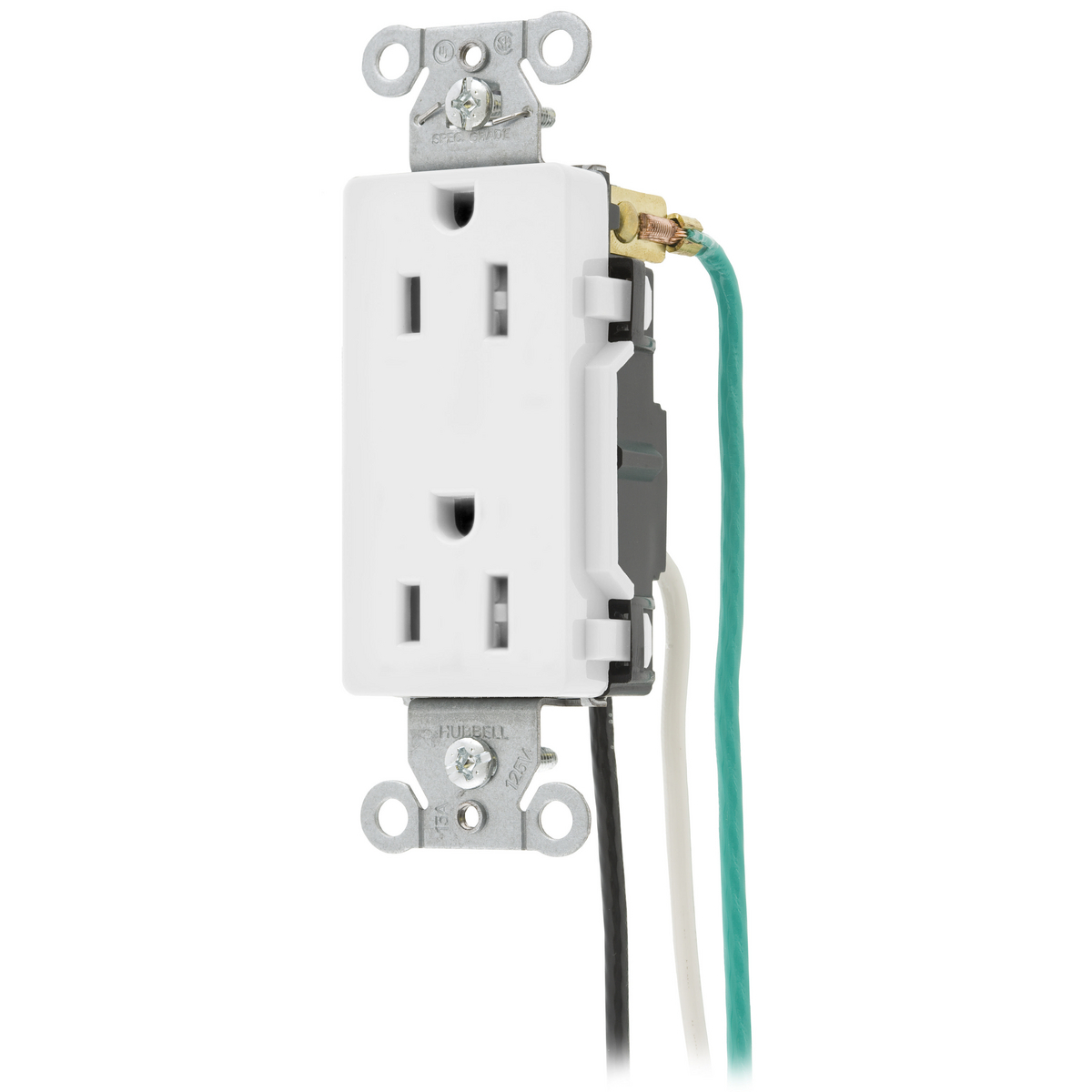 Straight Blade Devices, Receptacles, Tamper-Resistant Duplex, Decorator/Commercial/Industrial Grade, 2-Pole 3-Wire Grounding, 20A 125V, 5-20R, White, Pre-Wired 8" Solid Leads.