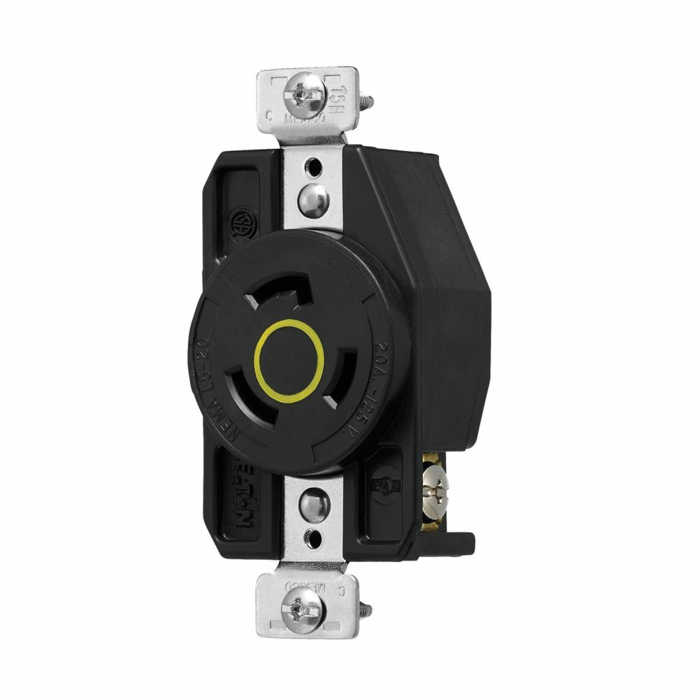 Eaton Arrow Hart Color Coded Locking Receptacle, #14-8 AWG, 20A, Industrial, 125V, Back and Side, Yellow, Black, Ultra grip, Glass filled Nylon, L5-20, Two-pole, Three-wire, Glass-filled Nylon, -40C (w/o impact) to 70C (-40F to 158F)