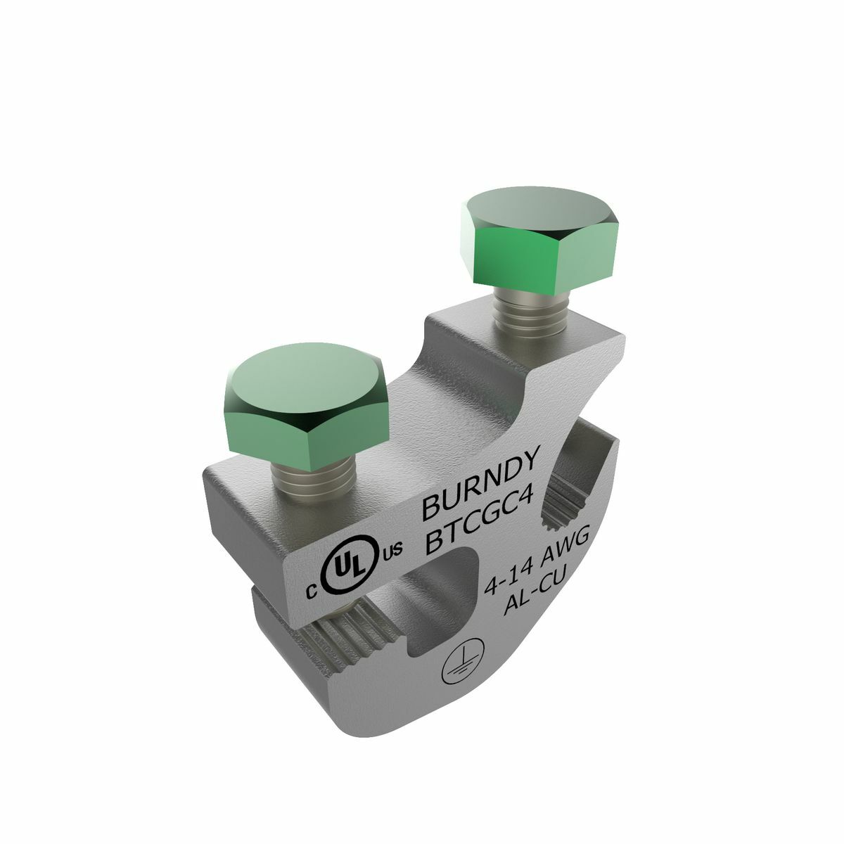 Aluminum ground tray clamp, accomodates ground wire size #14 AWG to 4 AWG