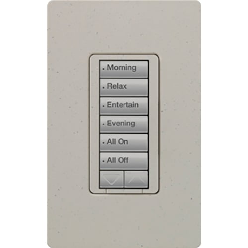 RadioRA 2 C.L Hybrid Keypad, 6-button with raise/lower keypad and 450W/450VA neutral wire dimmer (Incandescent/Halogen/Magnetic Low Voltage) or 100W (approved CFL/LED), 120V, in stone