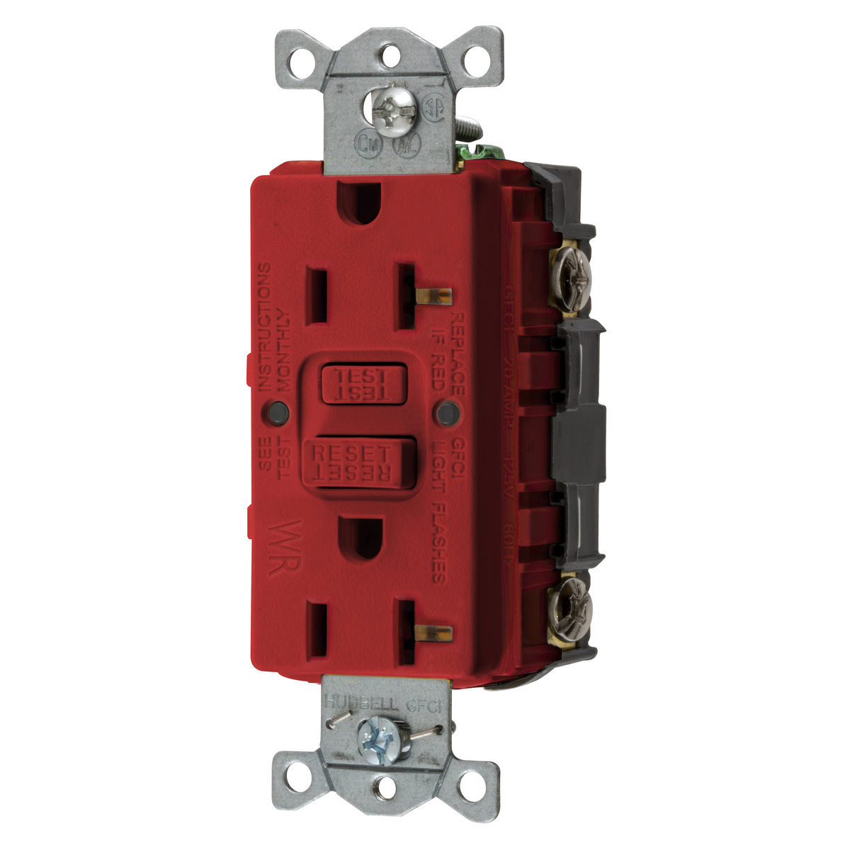 Power Protection Devices, Receptacle, Self Test, GFCI, WR, Commercial Grade, 20A 125V, 2-Pole 3-Wire Grounding, 5-20R, Red
