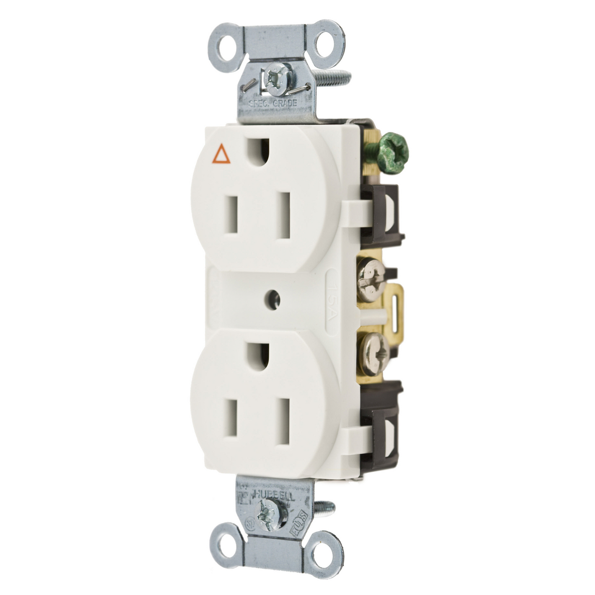 Straight Blade Devices, Receptacles, Duplex, Commercial Grade, Corrosion Resistant, Smooth Face, 15A 125V, 2-Pole 3-Wire Grounding, 5-15R, Side Wired, White.
