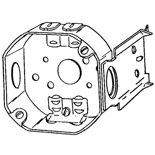Octogon Box, Size: 4", 1-1/2" Deep, Material: Steel, Side Knockouts: 2@1/2", Bottom Knockouts, 1@1/2", End Knockouts: 4@ 21/32", Nonmetallic Sheathed CL 26 Cable Clamps, Cubic Capacity:15.5Cubic Inches, JB Bracket set flush, Gauging notches 3/8" and 1/2"'