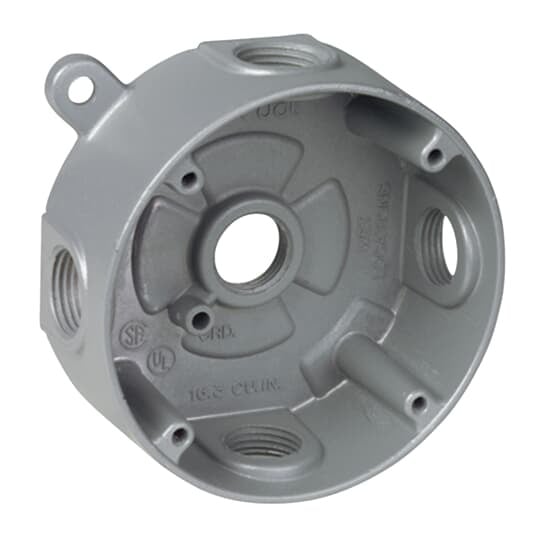 Round Outlet Box, 16.3 Cubic Inches, 4-1/8 Inch Diameter, Hub Size 1/2 Inch, Silver, Aluminum, with 5 Outlets, Four on the Sides and One in Back