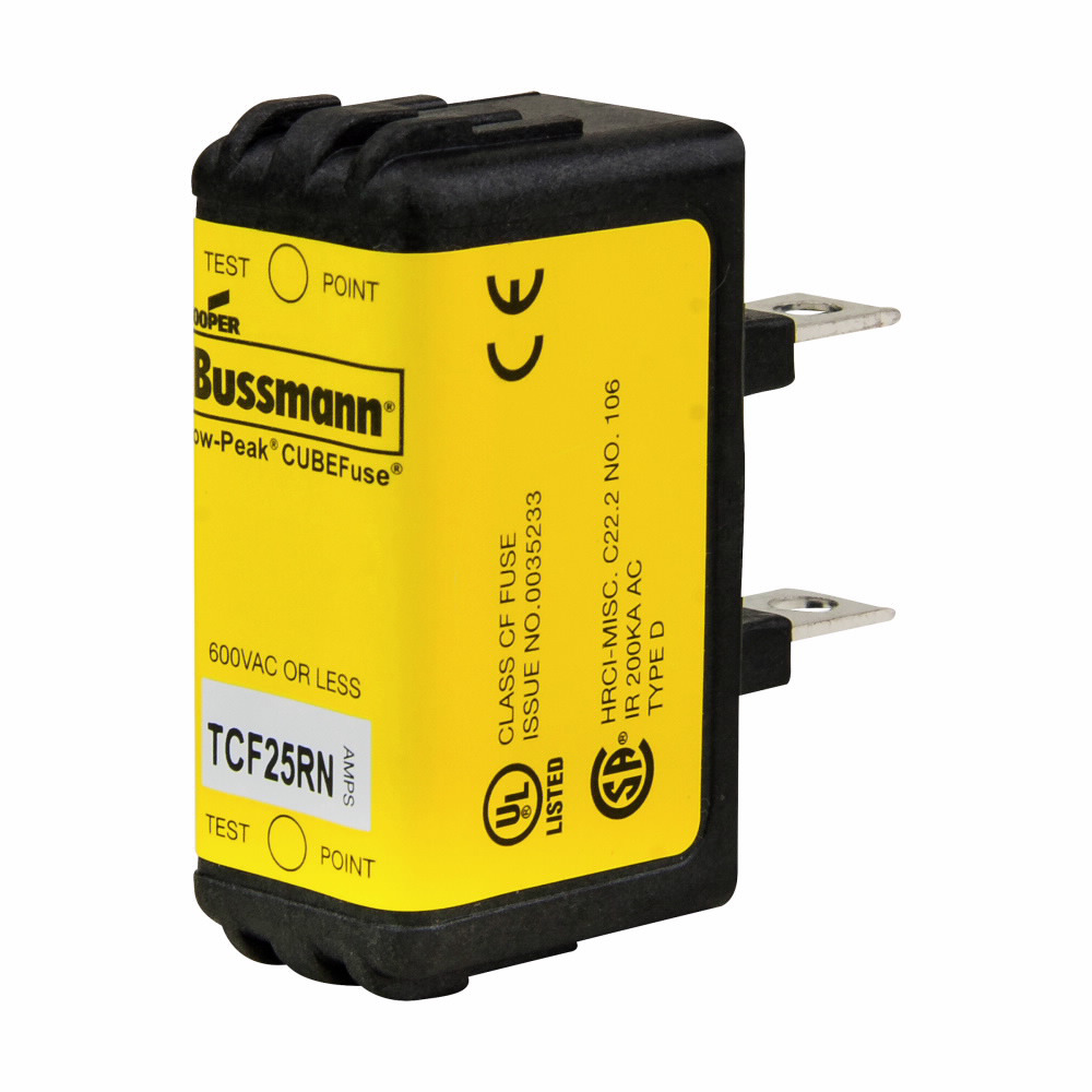 Eaton Bussmann series TCF fuse, 25 A, 60 Hz, 50 Hz, Dual, CF, Black, Non-indicating, Blade end, Time delay,Class CF, 10 sec at 500%, 100 kAIC at 300 Vdc,300 kAIC at 600 V, Glass filled PES, 35 mm DIN rail,Chassis, 600 V, 300 Vdc