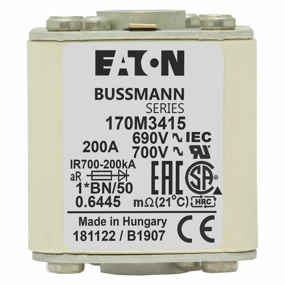 Eaton Bussmann series high speed square body fuse, 700V (UL), 690V (IEC), 200A, 200 kAIC, Top fuse status indicator, Fuse, Class aR, Flush