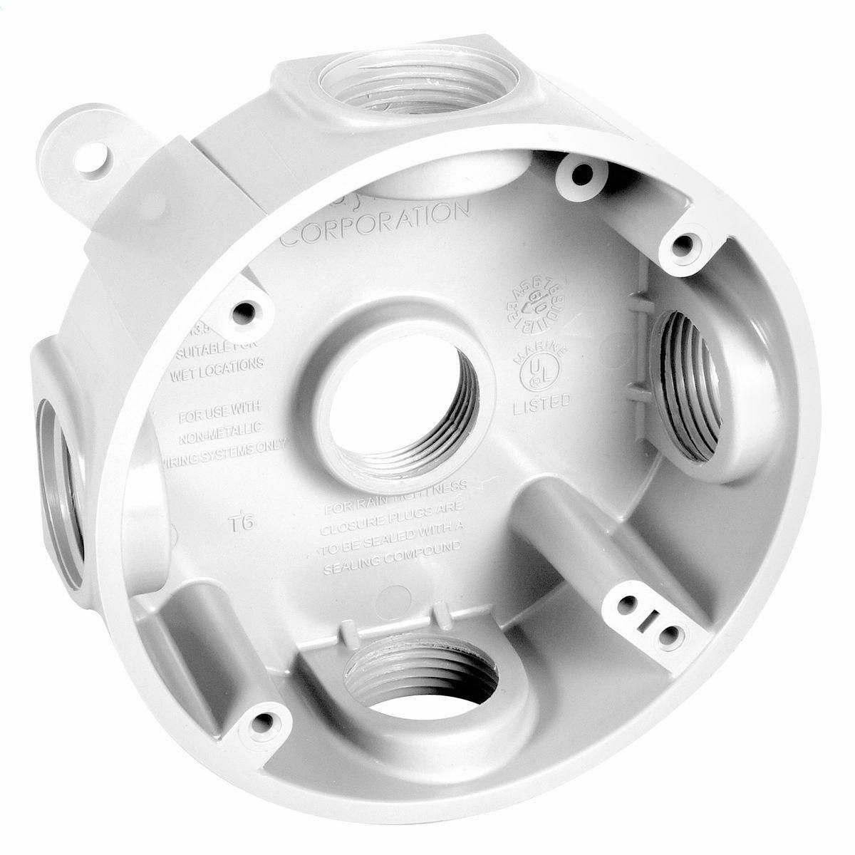 4 In. Round Splice Box, 1-1/2 In. Deep, Five Threaded Outlets, White