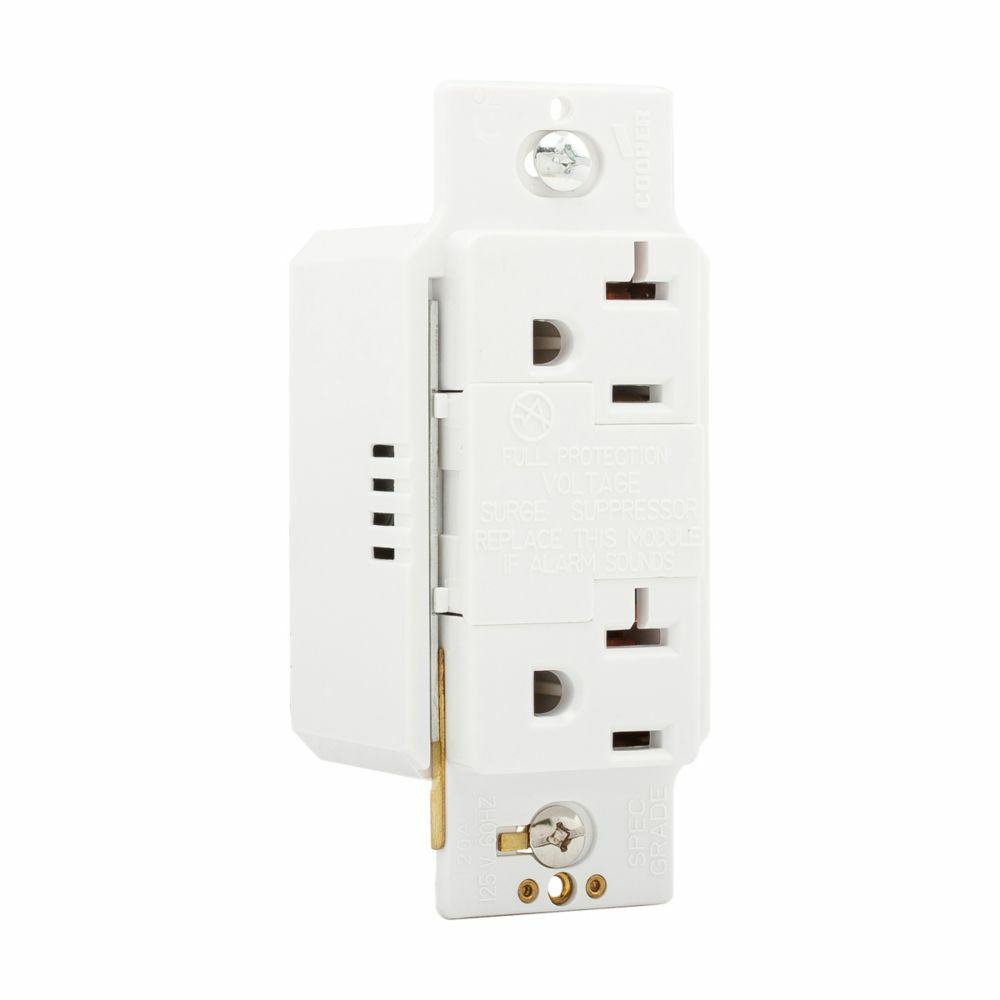 Eaton SurgeBloc protection receptacle, Audible alarm, auto-ground, Stand 6" #12 AWG leads, 20A, Comm, Wire leads, 340J, 2 recept, 0 to 40C, Wht, Brs, Strght blade, Polycarb, 5-20R, Dplx 570926 570926