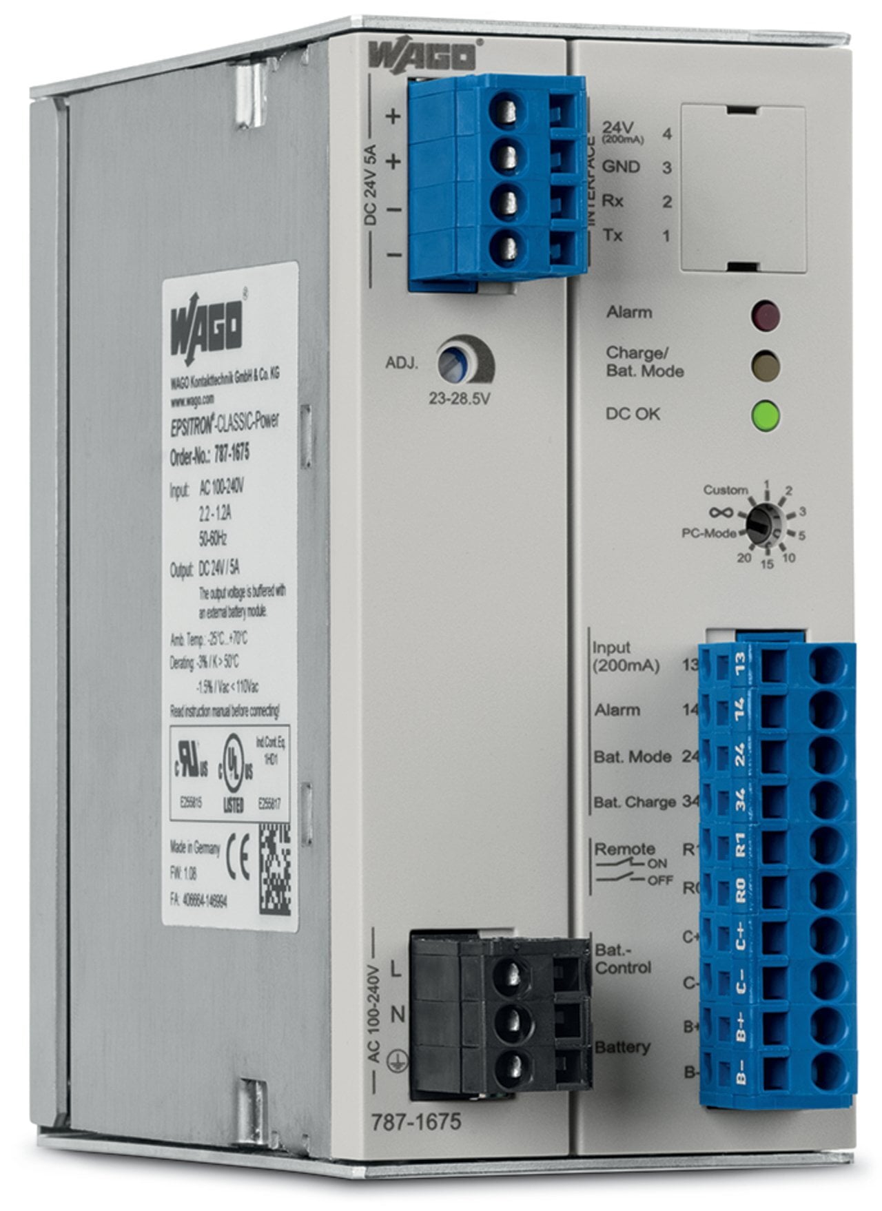 Switched-mode power supply with integrated charger and controller; Classic; 1-phase; 24 VDC output voltage; 5 A output current; communication capability; 10,00 mm