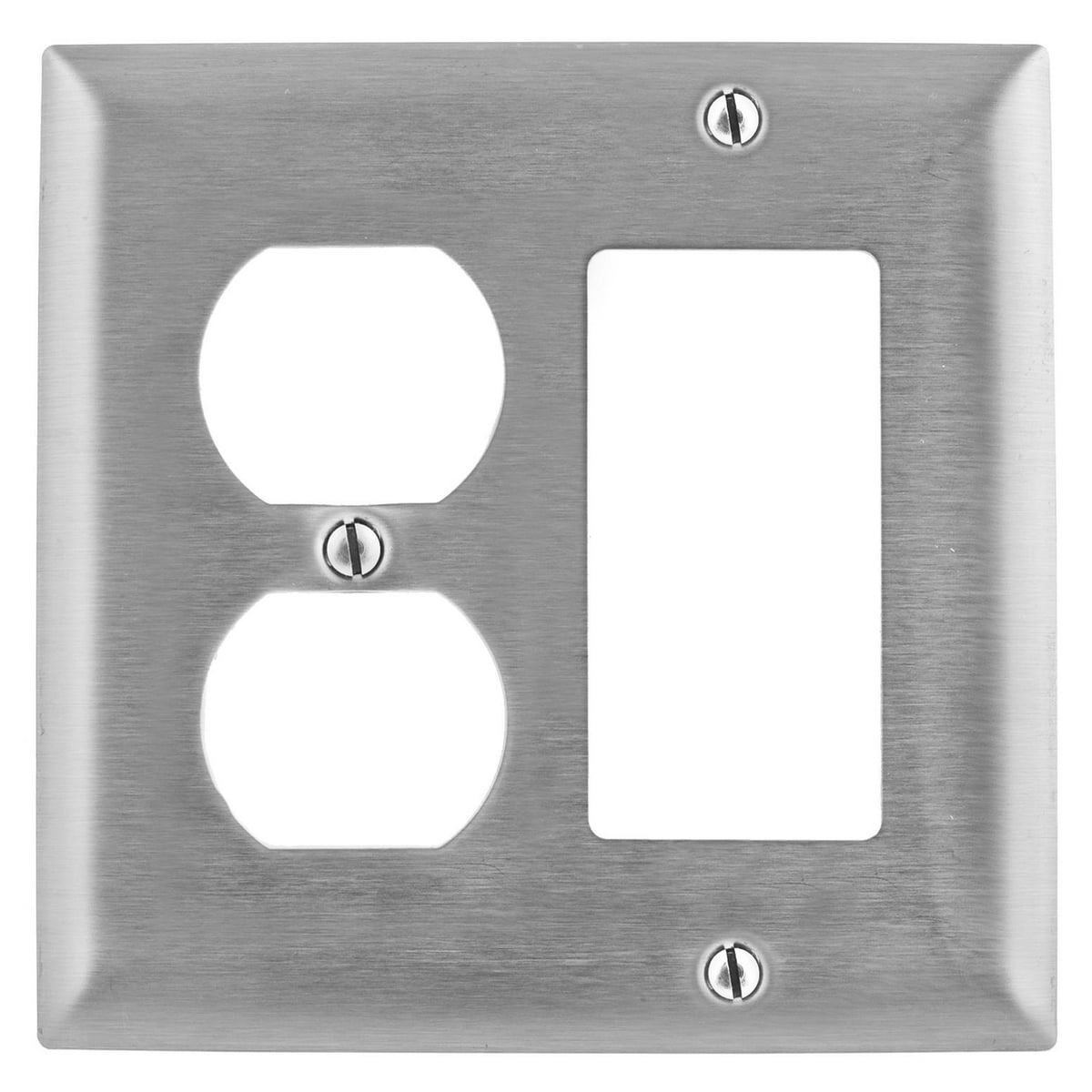 Wallplates and Boxes, Metallic Plates, 2- Gang, 1) Duplex 1) GFCI Openings, Standard Size, Stainless Steel