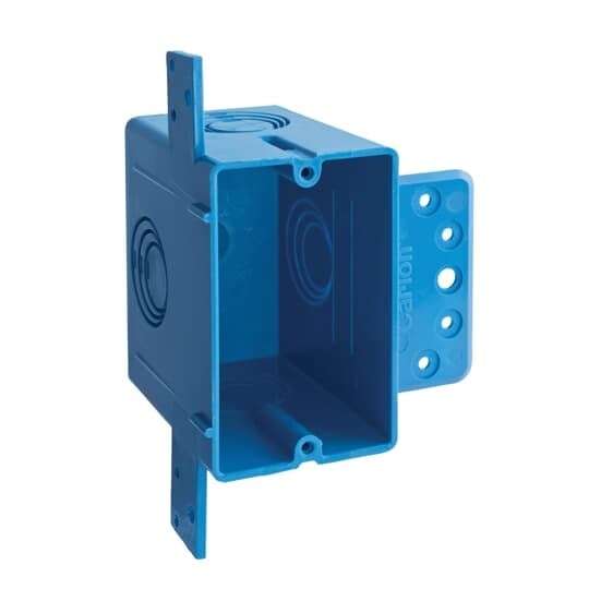 Single Gang Outlet Box, Volume 22 Cubic Inches, Length 3.53 Inches, Width 2.10 Inches, Depth 3.25 Inches, Number of Knockout 4, Knockout Size 1/2 Inch, 3/4 Inch, and 1 Inch, Color Blue, Material PVC, Pack of 12