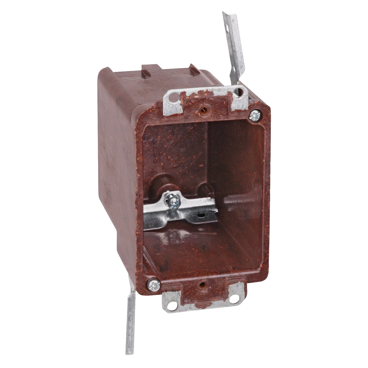 One-Gang Bracket Outlet Box, Volume 18 Cubic Inches, Length 3-1/4 Inches, Width 2-7/8 Inches, Depth 3-1/4 Inches, Color Brown, Material Phenolic, Mounting Means Ears and #4 Swing Bracket, with High Clamps