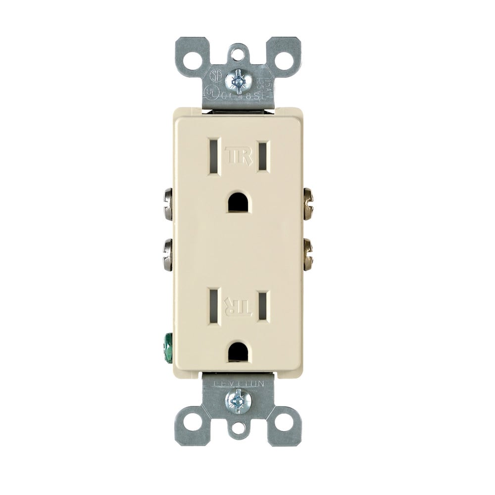 15 Amp 125 Volt, Tamper Resistant, Decora Duplex Receptacle, Straight Blade, Self Grounding, Ivory