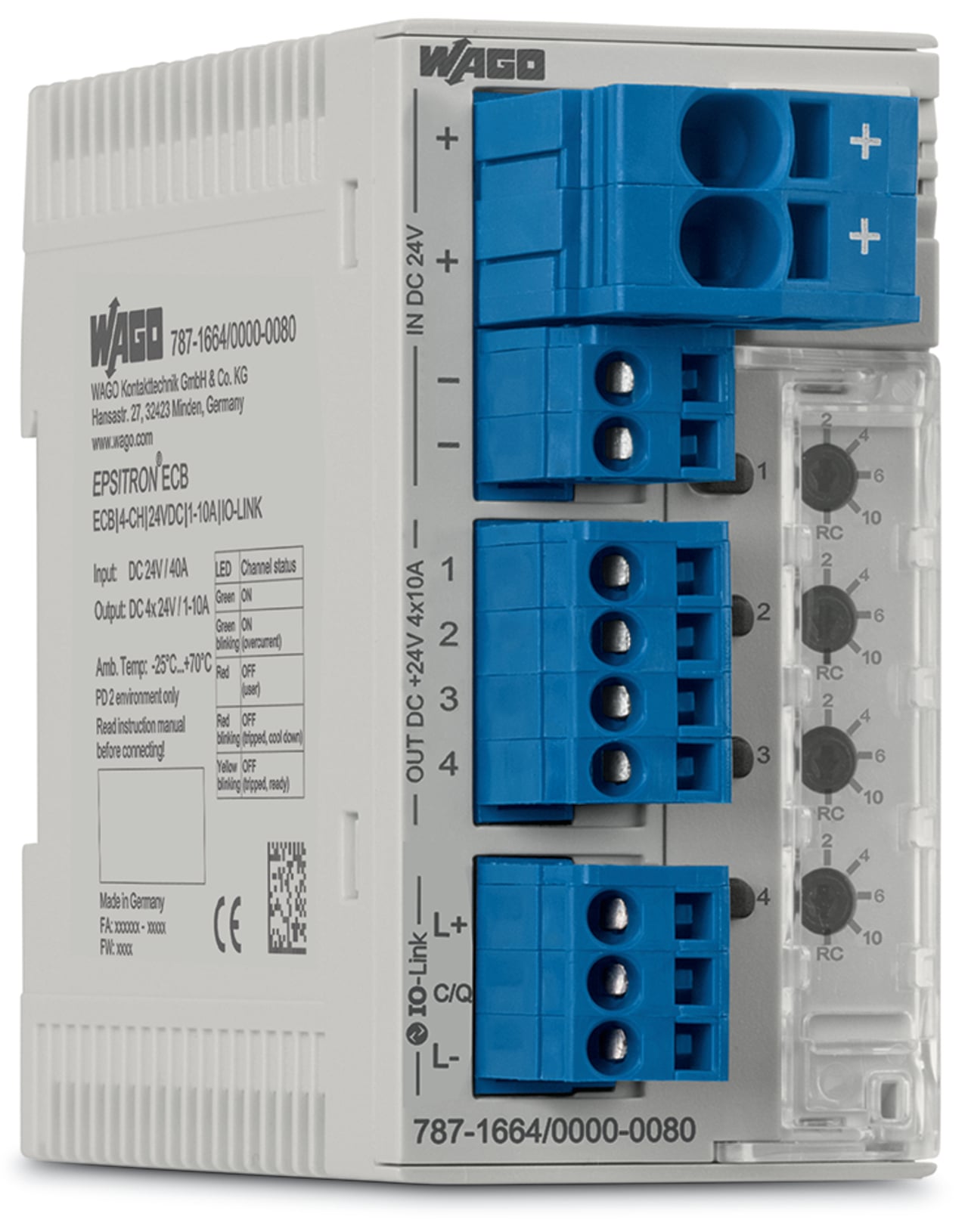 Electronic circuit breaker; 4-channel; 24 VDC input voltage; adjustable 1  10 A; IO-Link