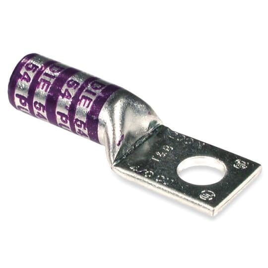 Copper One-Hole Lug, Long Barrel, Blind End, Max 35kV, Wire Size 4/0 AWG, 1/2 Inch Bolt Size, Tin Plated, Die Code 54, Die Color Code Purple