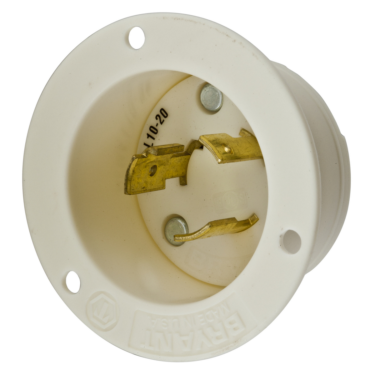 Locking Devices, Twist-Lock?, Industrial, Insulgrip? Flanged Inlet, 20A 125/250V AC, 3-Pole 3-Wire Non-Grounding, NEMA L10-20P, Screw Terminal, Nylon casing, Back wired, White.