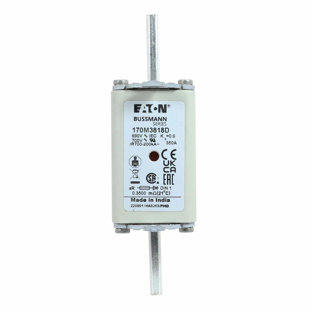 Eaton Bussmann series high speed square body fuse, 700V (UL), 690V (IEC), 350A, 200 kAIC, Combination fuse status indicator, Fuse, Din 43-620 blade end X Din 43-620 blade end, Class aR
