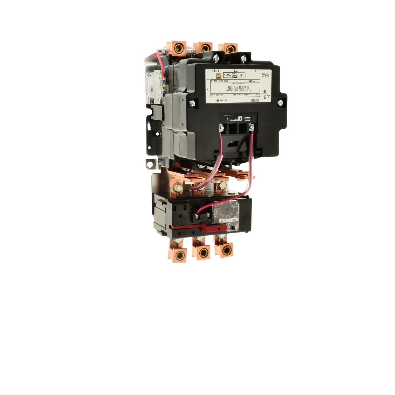NEMA motor starter, Type S, nonreversing, Size 4, 135A, 100HP at 460VAC, up to 100kA SCCR, 3 phase, 3 pole, Motor Logic, 120VAC coil, open