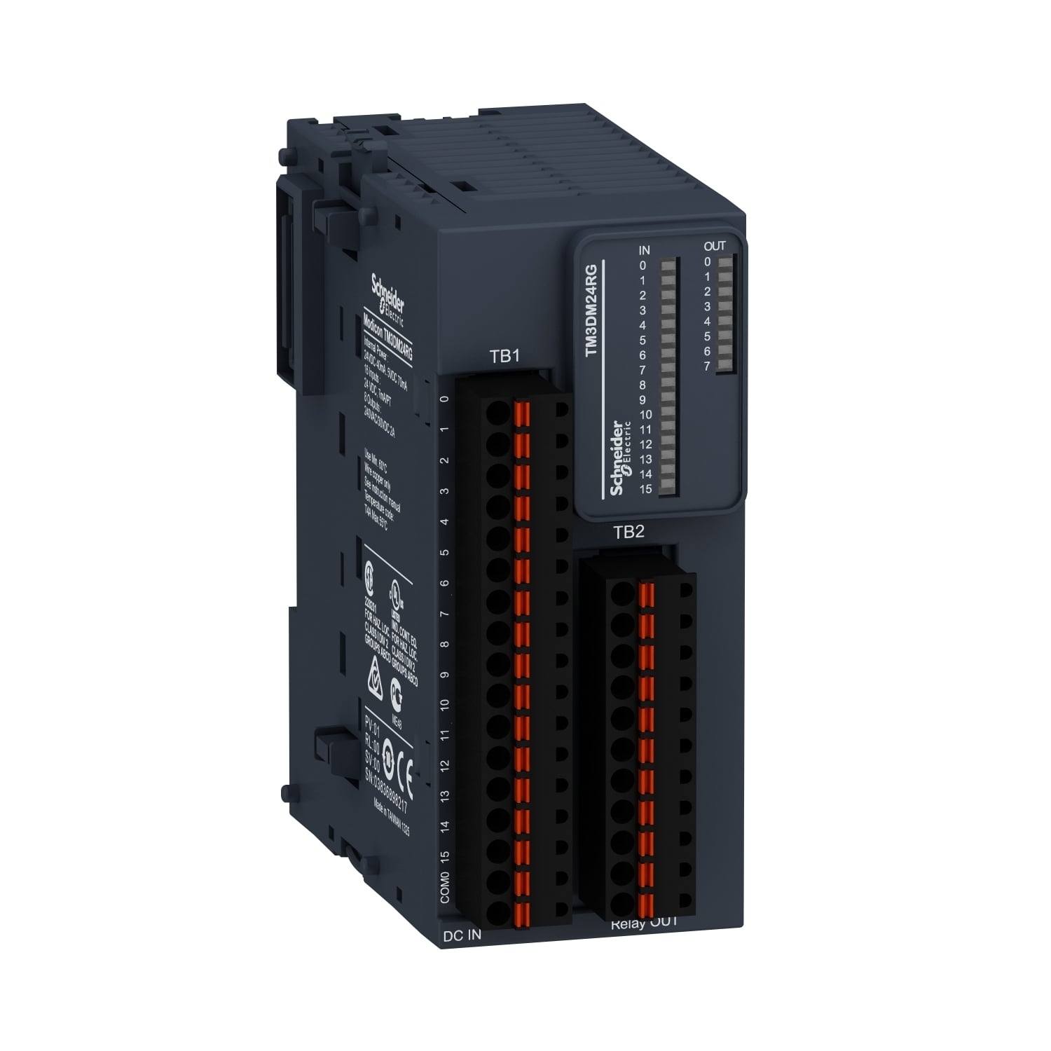 discrete IO module, Modicon TM3, 24 IO, 16 inputs, 8 relay outputs, spring, 24V DC
