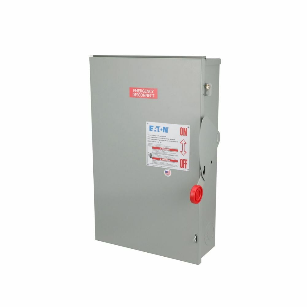 Eaton general duty non-fusible safety switch, single-throw, 400 A, NEMA 3R, Rainproof, Painted galvanized steel, Two-pole, Two-wire, 240 V, with neutral and special emergency disconnect labelling, overzided line shield