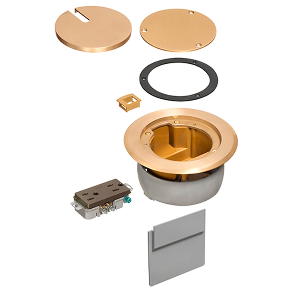 IN BOX cover kit. recessed receptacle and low voltage keystone for new concrete. Installs in Arlington's FLBC4500 and FLBC4502 box. Metallic Brass Cover.