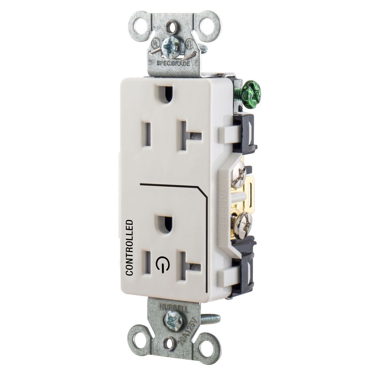 Straight Blade Devices, Tamper Resistant,Receptacles, Decorator Duplex, 1/2 Load Controlled, 20A 125V, 2-Pole 3-Wire Grounding, 5-20R, Back and Side Wired, White