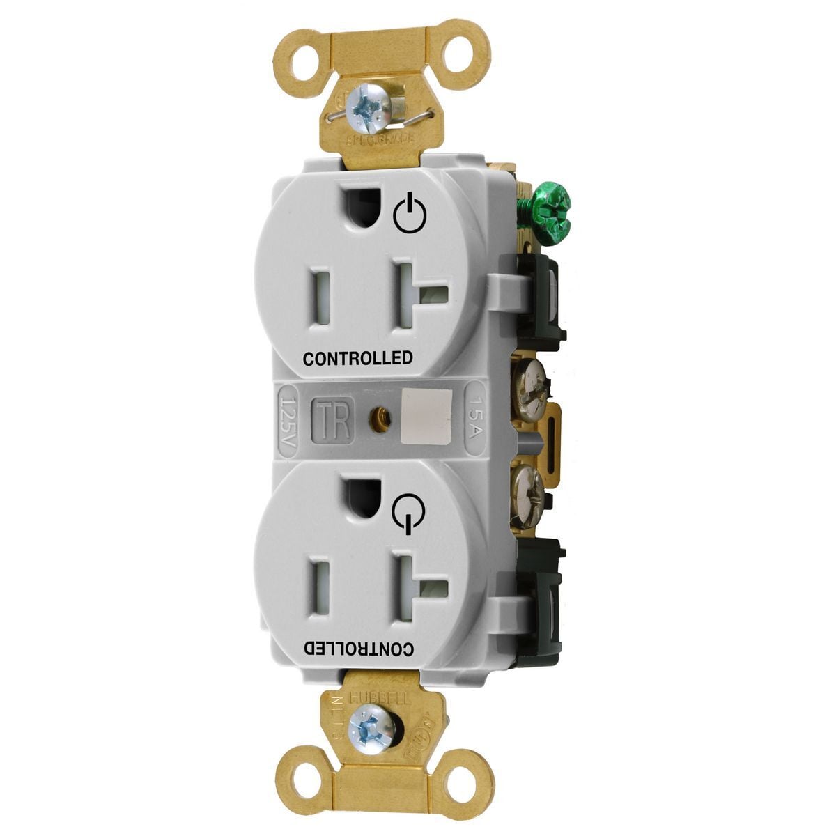 Straight Blade Devices,Extra Heavy Duty Standard Duplex Receptacles for Controlled Applications , Two Controlled faces,20A, 125V, 2 Pole, 3 Wire Grounding,White