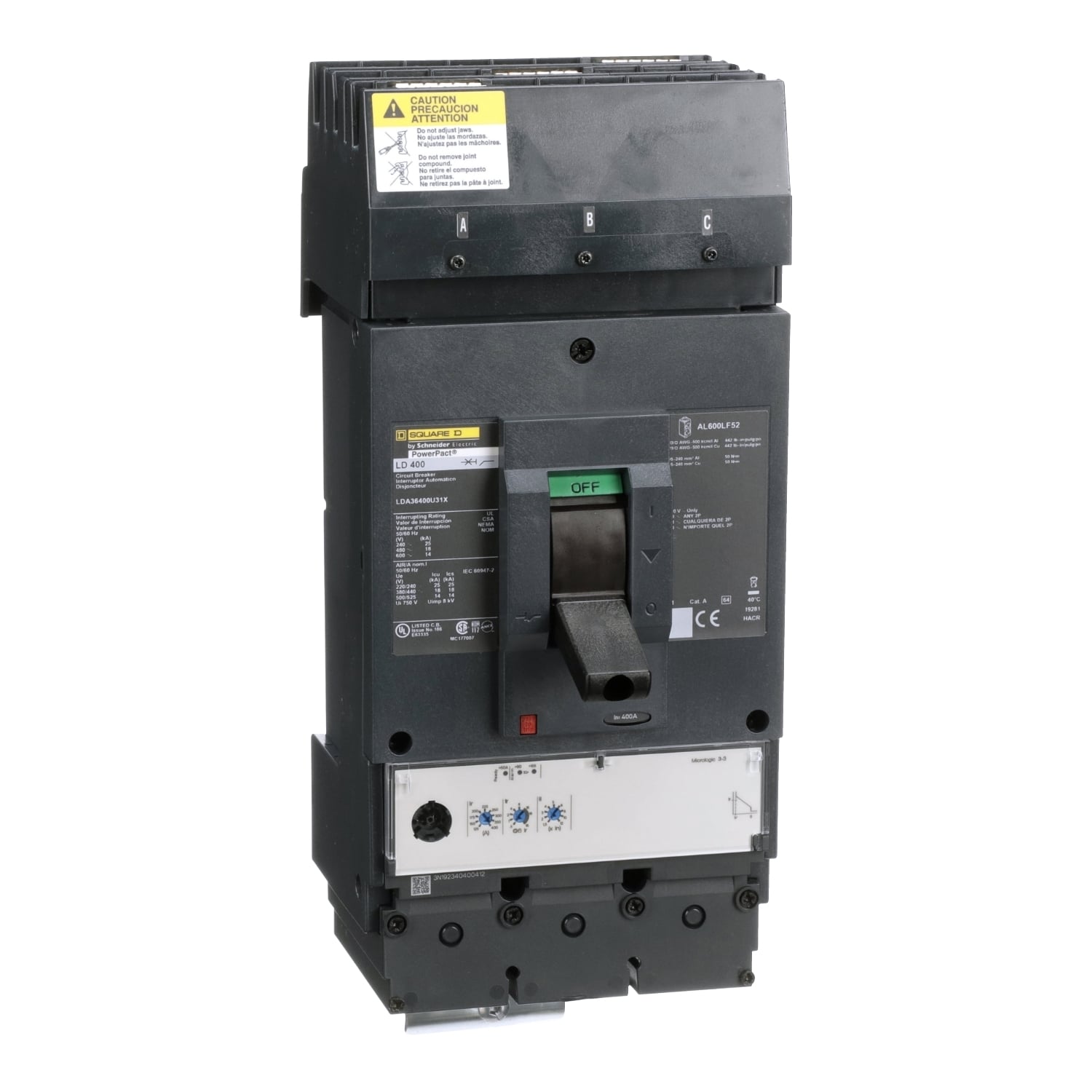 Circuit breaker, PowerPacT L, 400A, 3 pole, 600VAC, 14kA, I-Line, MicroLogic 3.3, 80%, ABC
