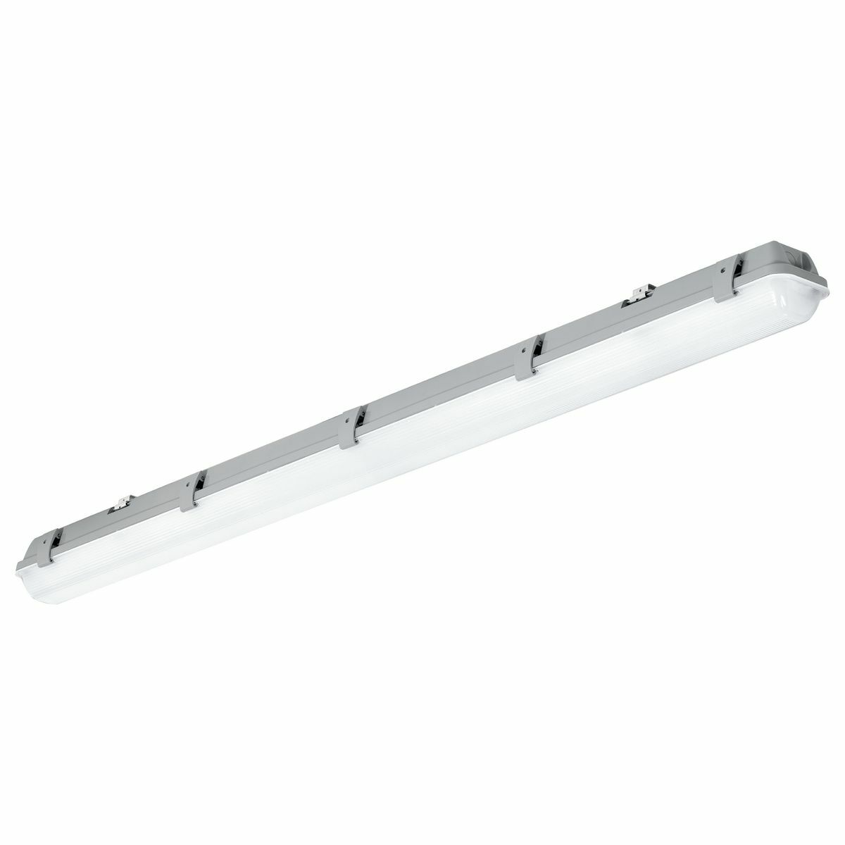 CVT Industrial Linear and Enclosed and Gasketed, 4 ft, Lens Type: Ribbed frosted polycarbonate, Light Output: 7000/5800/4500 lm, Color Temperature: 5000 K, 80 CRI, Driver type: 0-10V dimming driver, Voltage Rating: 120-277 V.