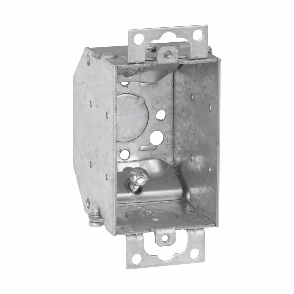 Eaton Crouse-Hinds series Switch Box, (1) 1/2", 2, Clamps through beveled corners, 2-1/4", Steel, Ears, Gangable, 10.5 cubic inch capacity