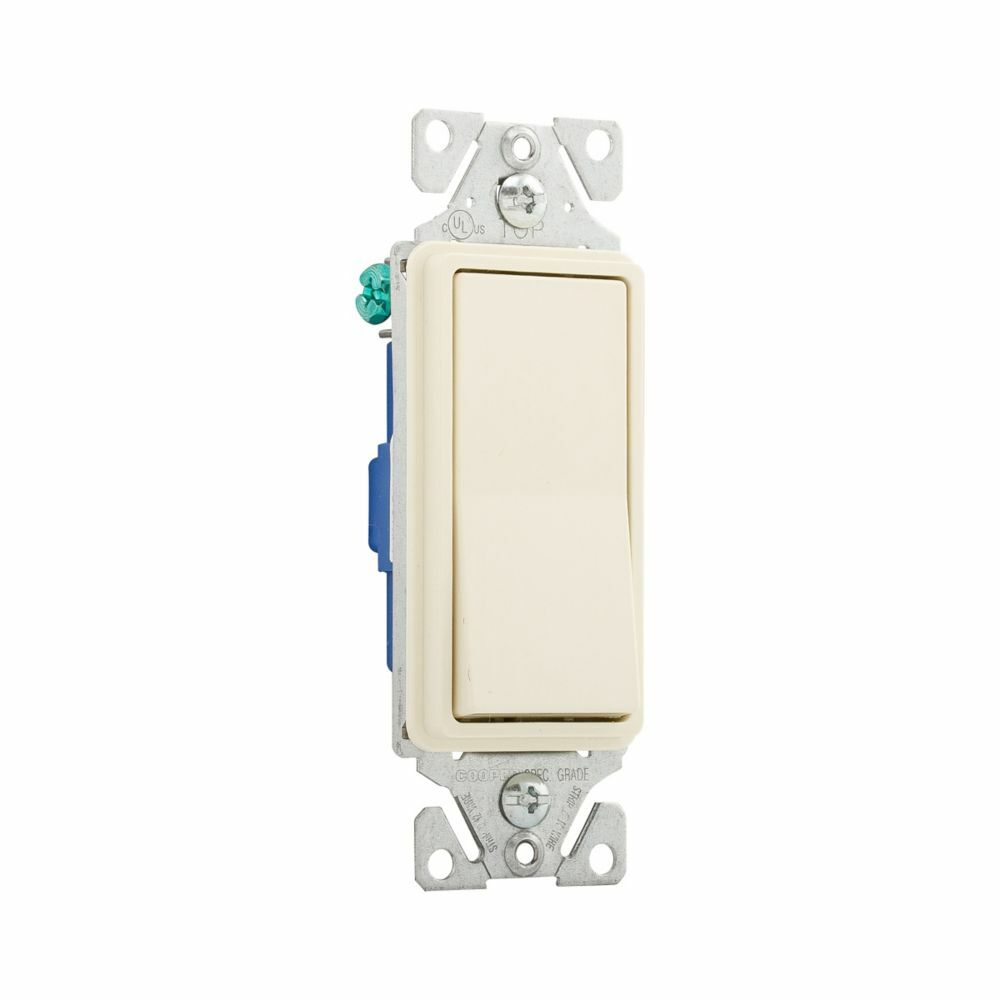 Eaton standard grade decorator switch, Box, #14-12 AWG, 15A, Flush, 120/277V, Back/push, Decorator, Maintained, Almond, Motor Control, Fan, LED, Incand, ELV,MLV,CFL, Florscnt, Halogen, Single-pole, Thermoplastic