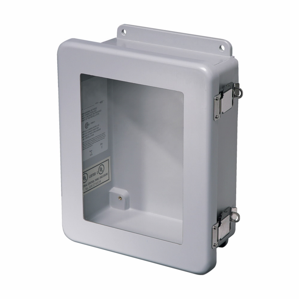Eaton B-Line series JIC panel enclosure, 11.62" height, 5.06" length, 9.37" width, NEMA 4X, Hinged cover, 4XFCHQRCW enclosure, Wall mount, Medium single door, External mounting feet, Fiberglass, Seamless poured in-place gasket