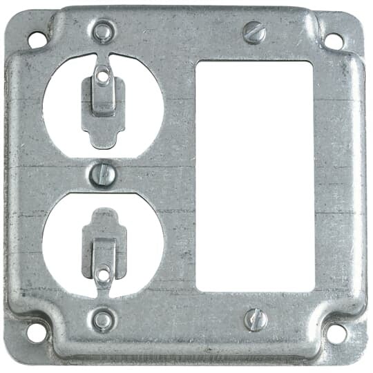 Square Box Surface Cover, 5 Cubic Inches, 4 Inch Square x 1/2 Inch Deep, Galvanized Steel, For use with One Ground Fault Receptacle and One Duplex Receptacle