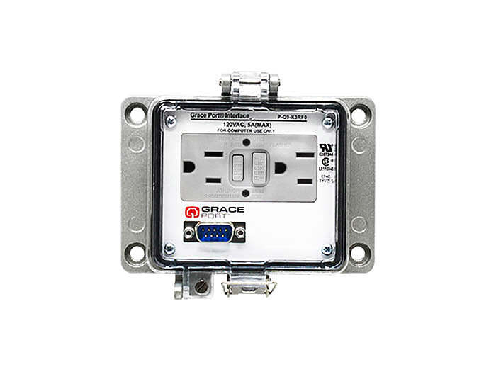 Panel Interface Connector with DB-9 M/F, Panel Mount Housing (5.08 in x 3.54 in), UL Type 4, Domestic GFCI Inside-Outside Rear Duplex Outlet, No Circuit Breaker