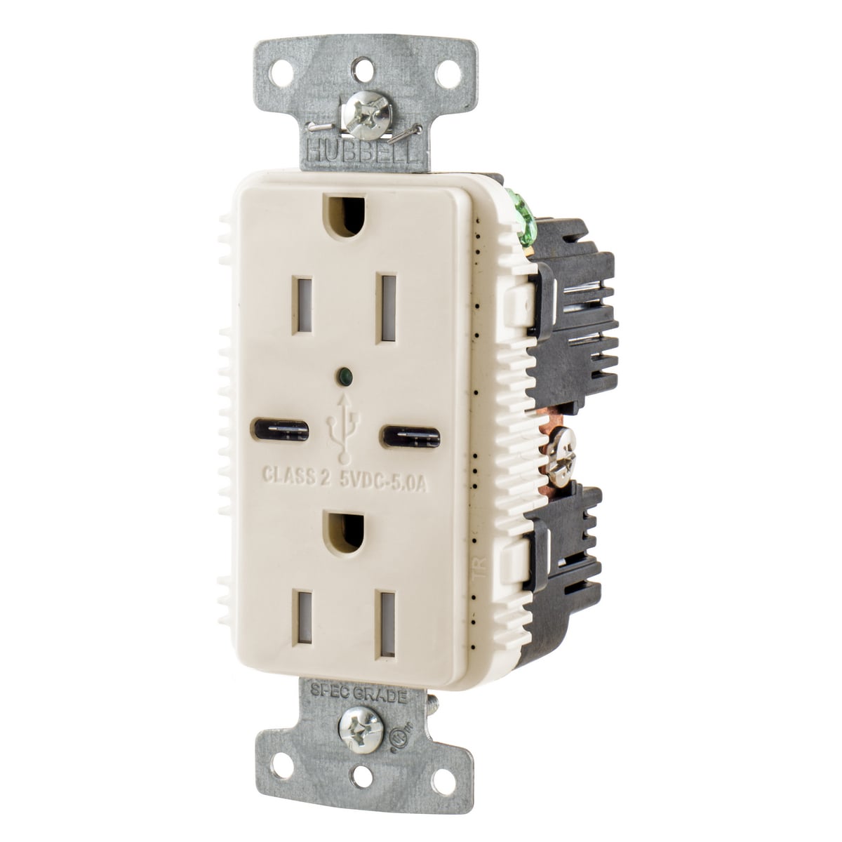 USB Charger Duplex Receptacle, 15A 125V,2-Pole 3-Wire Grounding, 5-15R, 2) 5A "C" USB Ports, Light Almond