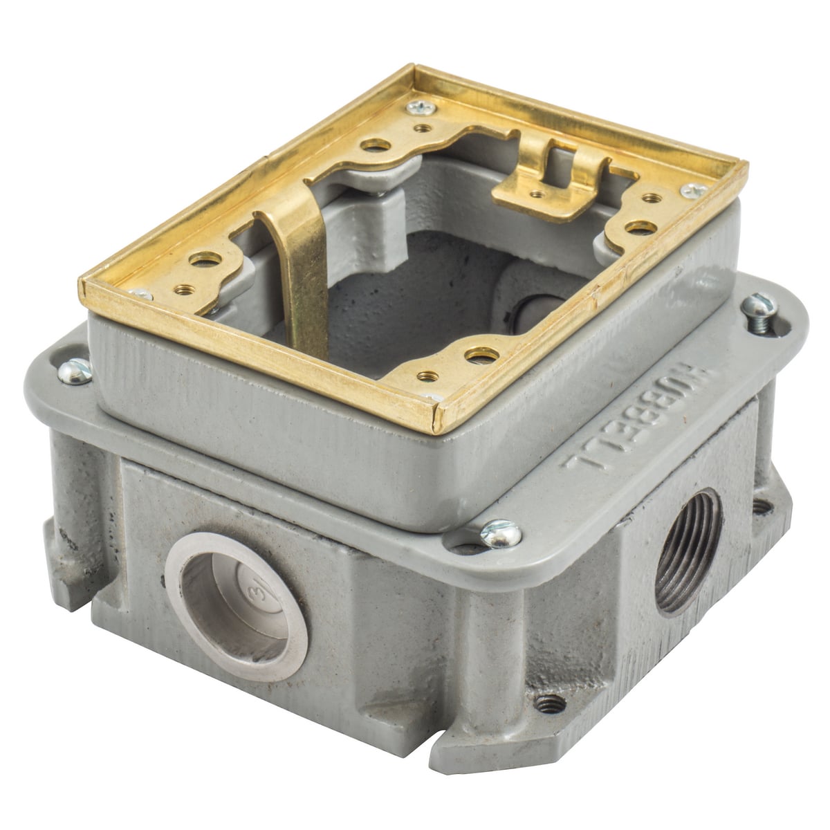 Hubbell Wiring Device Kellems, In-Floor Delivery Systems, Flush ConcreteFloor Box Series, 3-Gang, Rectangular Cast Iron, Deep, Fully Adjustable,Brass