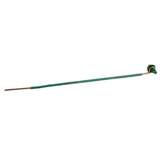 10-32 x 3/8 inch slotted hexagon-head washer-face ground screw with green dye finish and a six-inch solid copper #14 AWG insulated wire