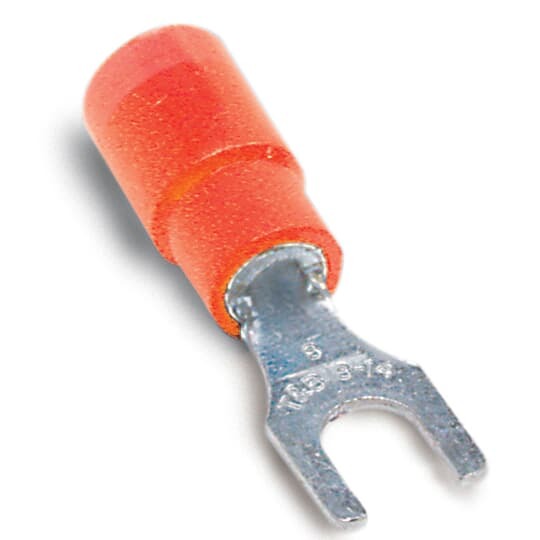 Expanded Vinyl-Insulated Fork Terminal, Length .94 Inches, Width .25 Inches, Maximum Insulation .170, Bolt Hole #6, Wire Range #22-#18 AWG, Color Red, Copper, Tin Plated