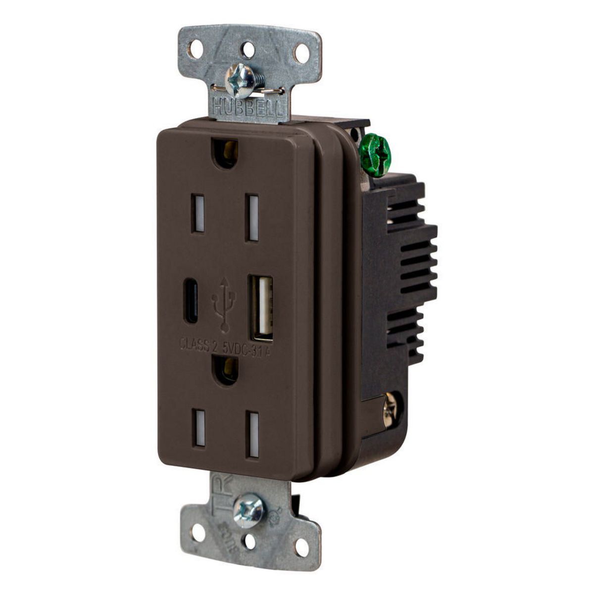 USB Charger Duplex Receptacle, 15A 125V,2-Pole 3-Wire Grounding, 5-15R, 1) 3.1 A "C" USB and "A" Ports, Brown