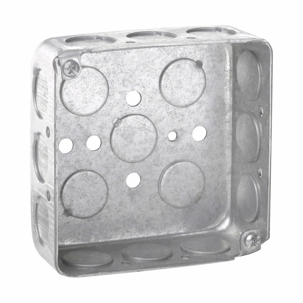 Eaton Crouse-Hinds series Square Outlet Box, (5) 1/2", 4", Conduit (no clamps), Drawn, 1-1/2", Steel, (12) 1/2", 22.0 cubic inch capacity