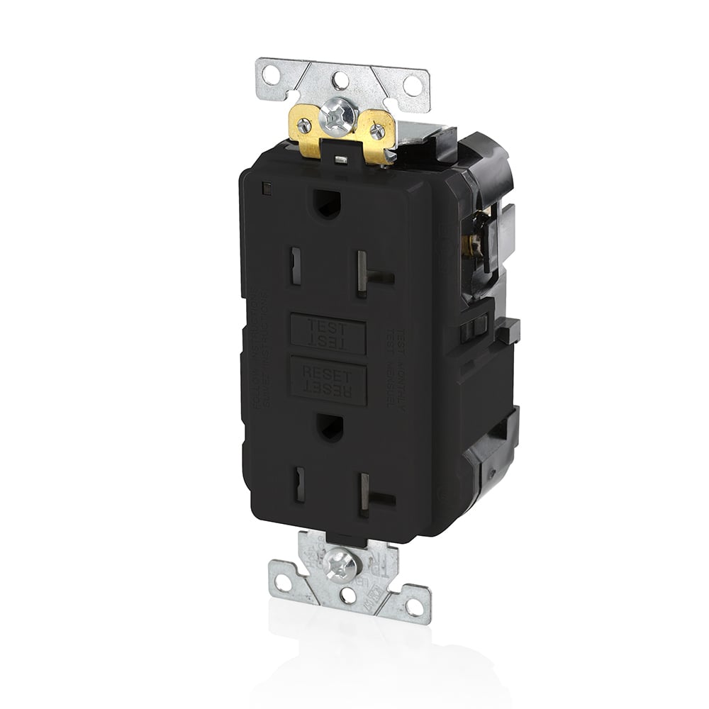 20 Amp, 125 Volt, SmartlockPro Slim Lev-Lok GFCI Self-Test Receptacle, Extra-Heavy Duty Industrial Grade, Tamper-Resistant, 20A Feed-Through,NEMA 5-20R, 2P, 3W, Modular Terminals  BLACK
