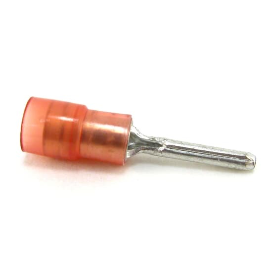 Nylon Insulated Pin Terminal, Length 0.85 Inch, Pin Length 0.39 Inch, Diameter 0.075 Inch, Wire Range #22-18 AWG, Color Red, Copper, Tin Plated
