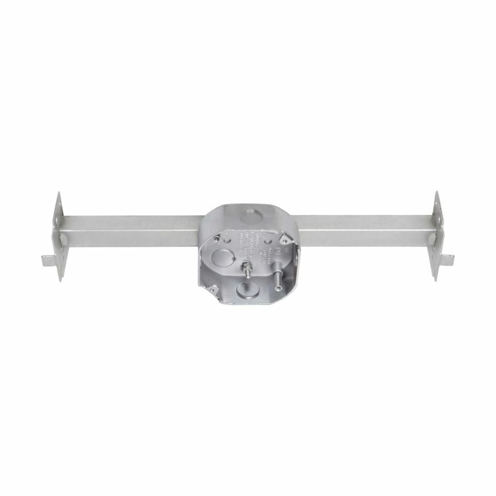 Eaton Crouse-Hinds series Octagon Ceiling Fan Box, (2) 1/2", 4", 1-1/2", Steel, (2) 1/2", Fan rated, fixture rated, 16"-24", Fan box with new work bar hanger, 15.5 cubic inch capacity