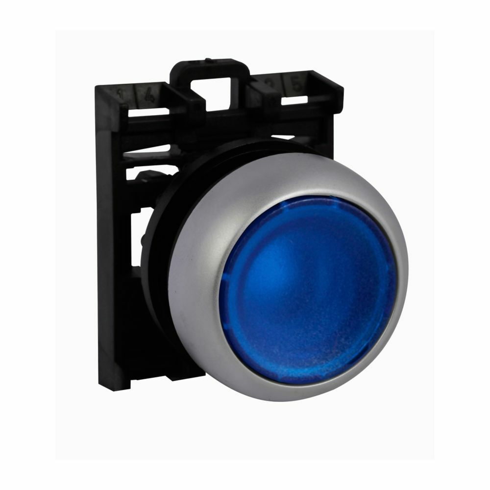 Eaton M22 modular pushbutton, 22.5 mm, Flush, Maintained, Illuminated, Bezel: Silver, Button: Blue, IP67, IP69K, NEMA 4x, 13, 1,000,000 mechanical operations