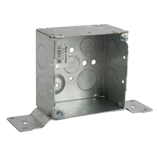Square Box, 30.3 Cubic Inches, 4 Inch Square x 2-1/8 Inches Deep, 3/4 Inch Eccentric Knockouts, Pre-Galvanized Steel, Welded Construction, with CV Bracket, For use with Conduit